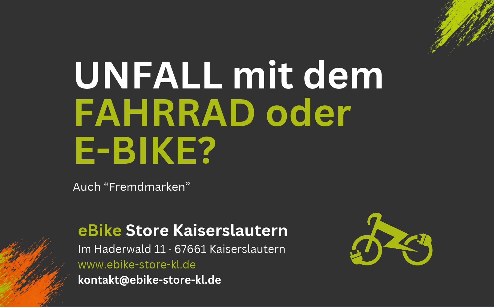 Fahrradwerkstatt Suche - Fahrradladen - 🚲 Fahrradunfall oder E-Bike beschädigt? Wir helfen! Professionelle Schadenaufnahme und unabhängige Gutachten mit SOS Steinel. Auch Fremdmarken willkommen! Dein Ansprechpartner in Kaiserslautern und der Westpfalz. Jetzt Termin beim eBike Store Kaiserslautern vereinbaren! - eBike Store Kaiserslautern (Jörg Beilfuß)